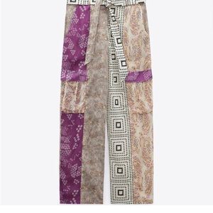 Zara Women's Multi-Patterned Pants - Purple, Cream, and Black
